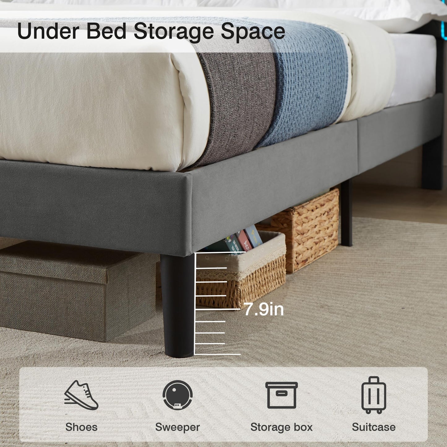 VECELO Upholstered Queen Bed Frame with Headboard Adjustable, Velvet Platform Bed with LED Lights, Charging Station, Mattress Foundation with Wooden Slats, Noise Free, No Box Spring Needed, Grey
