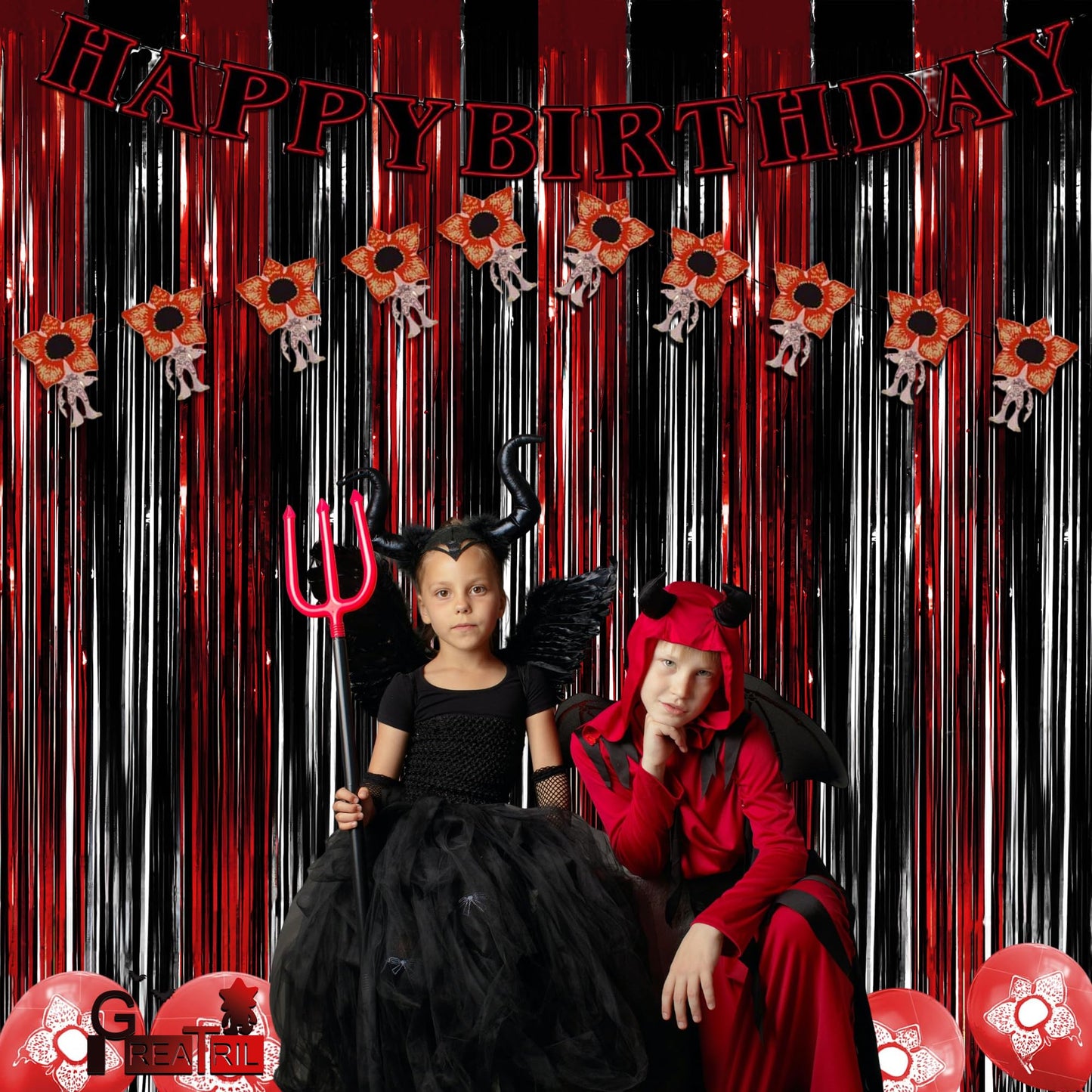 Black Red Party Streamers Backdrop - GREATRIL Foil Fringe Tinsel for Stranger/Friday Party/Halloween Party Decorations - 3.2ft X 8.2ft - 2 Packs