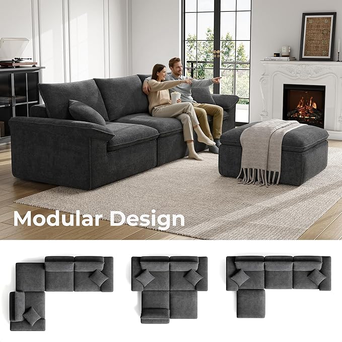 LIKIMIO 120" L-Shaped Modular Sectional Sofa, Cloud Sectional Couch with Deep Seat, Comfy Teddy Upholstery, Oversized 3-Seater with Ottoman, Boneless Couch for Living Room, No Assembly, Dark Grey