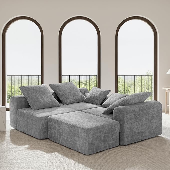 SEENYOO 111.2" Boneless Couch,Cloud Sectional Sofa with L-Shape Chaise,No Assembly,High-Density Memory Foam,Chenille Comfy Sofa for Living Room, Bedroon and Apartment (Grey)