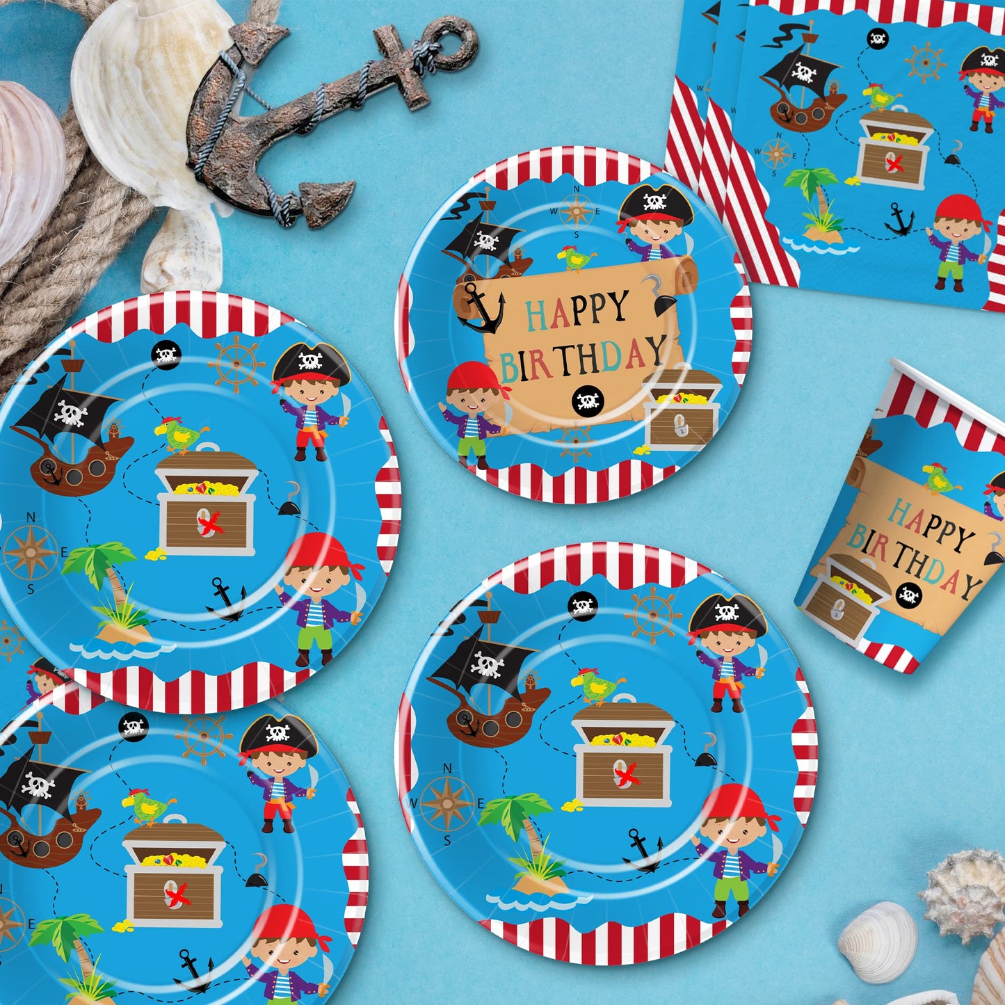 APOWBLS Pirate Birthday Party Supplies - Pirate Party Decorations Tableware For Kids, Pirate Plate, Napkin, Tablecloth, Fork, Pirate Birthday Plates And Napkins Party Decorations Dinnerware | Serve 24