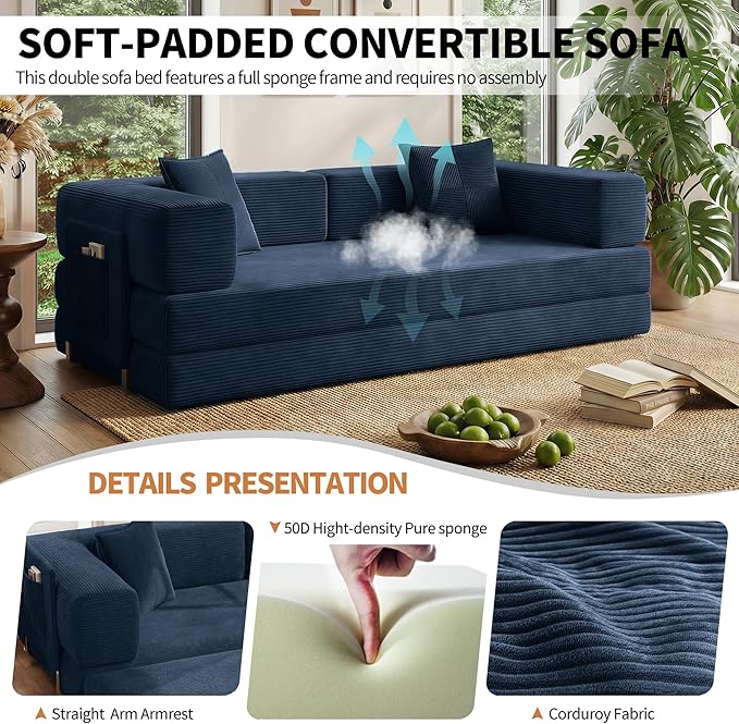 Fancyfire 78.8" Convertible Sofa Bed with Armrest Pillow,4-in-1 Sleeper Couch Bed for Livingroom,Modular Corduroy Boneless couches,No Assembly (Blue)