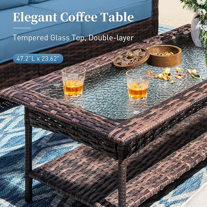SUNSHINE VALLEY 6 Piece Patio Furniture Set with Swivel Chairs, High Back Wicker Rattan Sofa with Extra Thick Cushion, Coffee Table and Ottoman, Outdoor Conversation Set for Backyard Deck, Blue