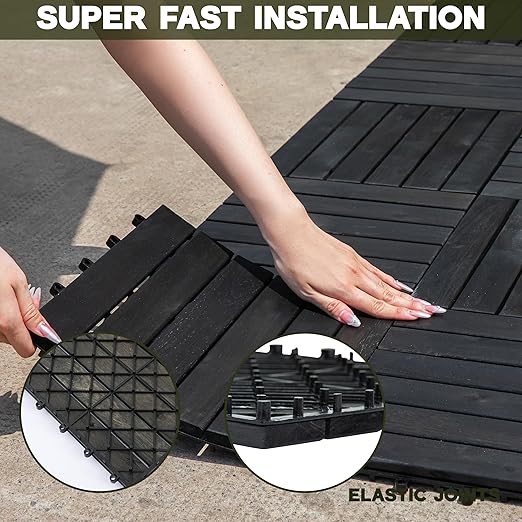 VICTORY RELAX Acacia Wood Decking Tiles 27PCS - Easy Snap Interlocking Deck Tiles for Patio Poolside Balcony Decor - All Weather Waterproof Flooring for Indoor & Outdoor (Round Joints)