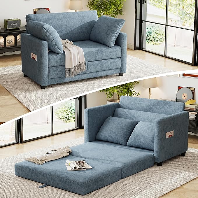 kakuboohi 51" Loveseat Sleeper Sofa Bed, Chenille Convertible Floor Sofa Bed for Small Spaces, Folding Couch Bed with Deep Seat, 2 Pillows & Solid Frame, Pull Out Couch for Living Room, Light Blue