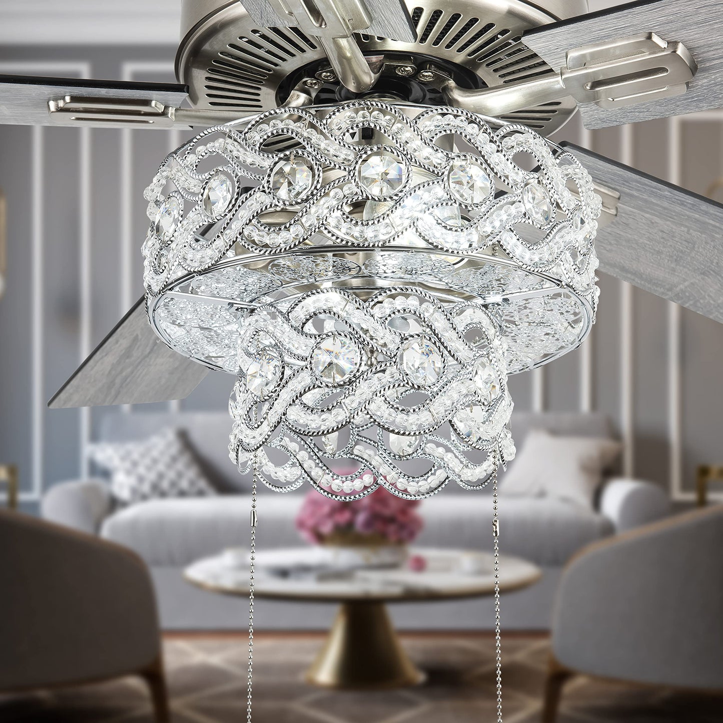 RIVER OF GOODS 52 Inch Tiered LED Crystal Ceiling Fan with Lights - Chandelier Ceiling Fans with Lights - Elegant Glam Ceiling Fan - Dining Room Light Fixture for Room Decor