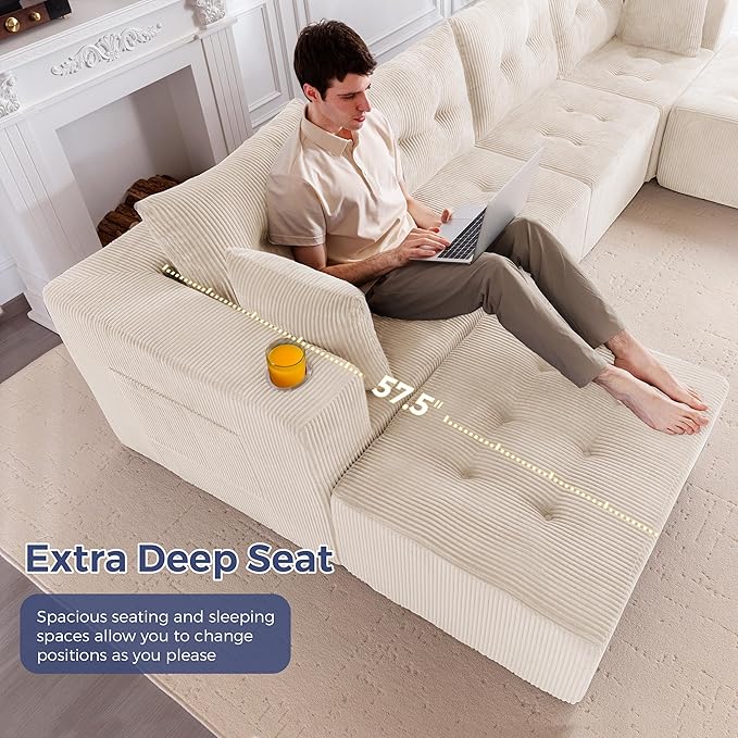 MAXYOYO 129.5" Modular Sectional Sofa Couch, U Shaped Modern Cloud Couch with 2 Ottomans, Sofa in A Box, Tufted 6-Seat Boneless Sleeper Chair for Living Room, No Assembly Required, Beige