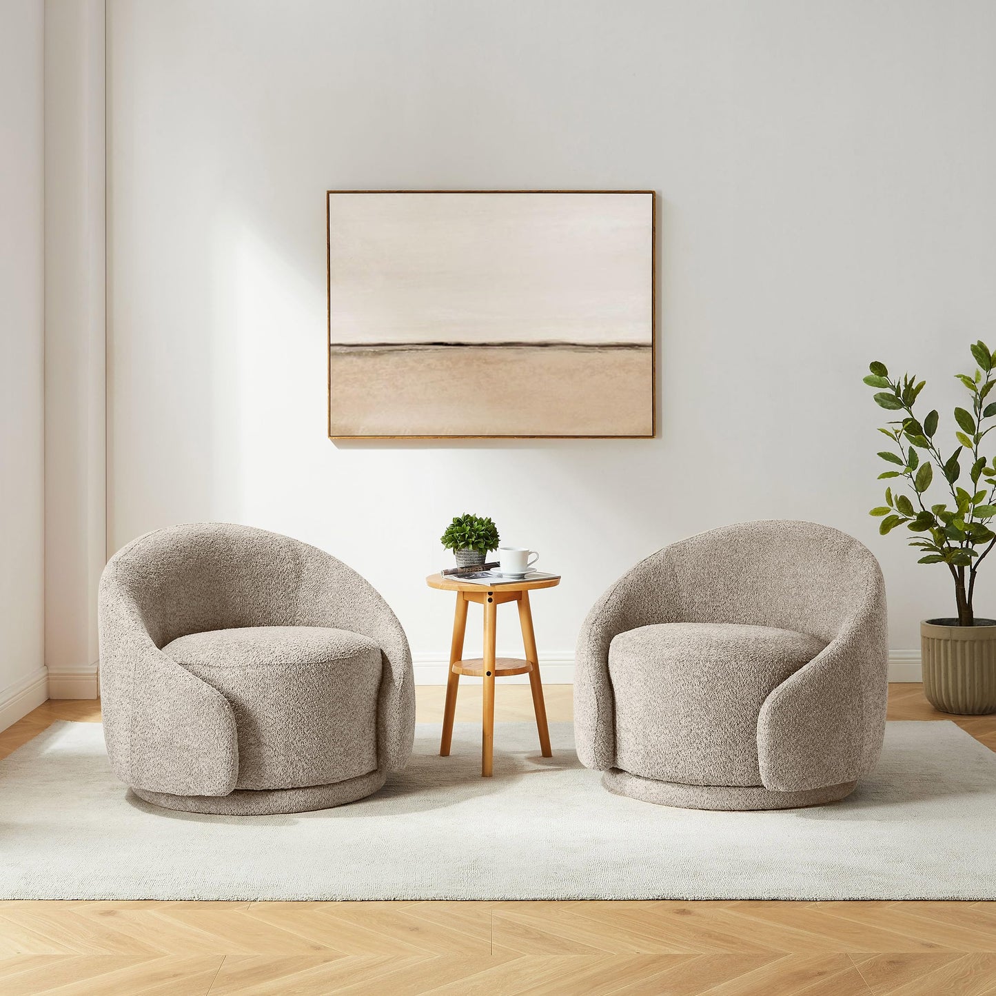 VANOMi Swivel Barrel Chair, Upholstered Modern Round Accent Arm Chairs, 360° Swivel Single Sofa Armchair for Living Room and Bedroom, Camel Boucle
