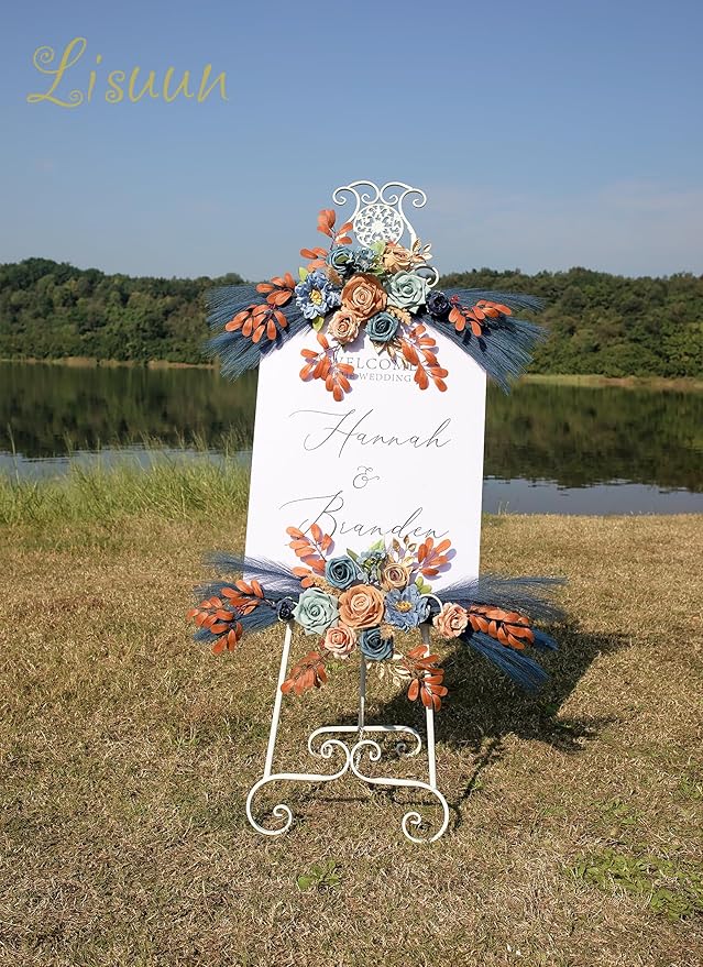 Wedding Arch Flowers, Artificial Floral Decor for Wedding Ceremony & Reception, Standard Size Large Flower Swag Set for Backdrop & Welcome Sign, Pack of 2 (Blue Coffee Pampas)