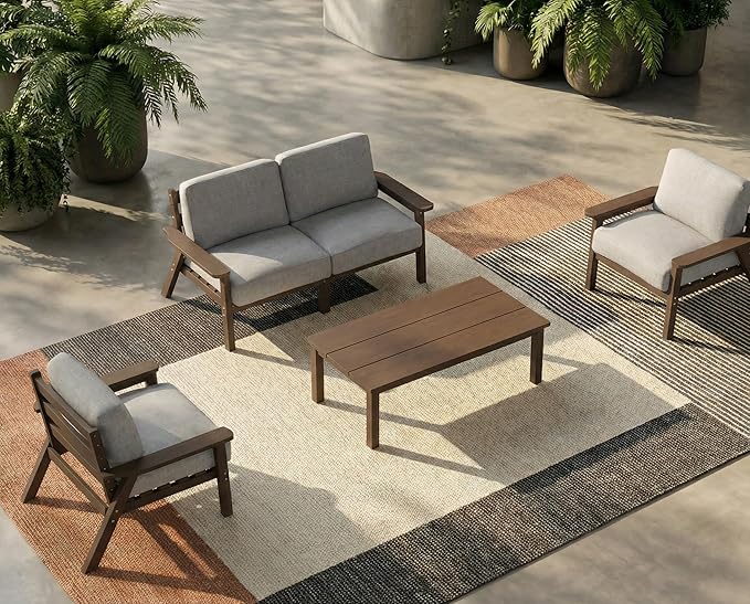 Patio Kingdom Patio Furniture Set with Washable Thick Grey Cushions, Coffee Table & Side Table, HDPE Outdoor Couch, All-Weather Outdoor Sectional Furniture, Patio Conversation Sets (Brown Frame)