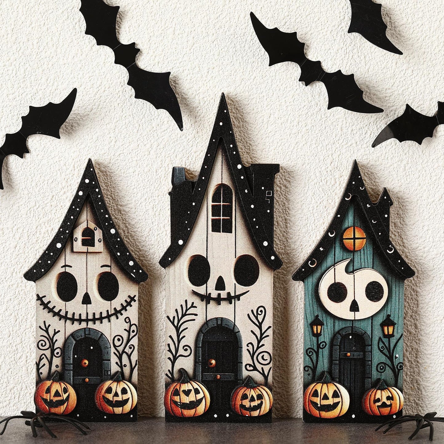 Redbaker 3 Pieces Halloween Table Decorations Haunted House Wooden Block Sign Halloween Tiered Tray Decor Rustic Farmhouse Pumpkin Ghost Centerpieces for Home Shelf Desk Mantel Tabletop Party Decor