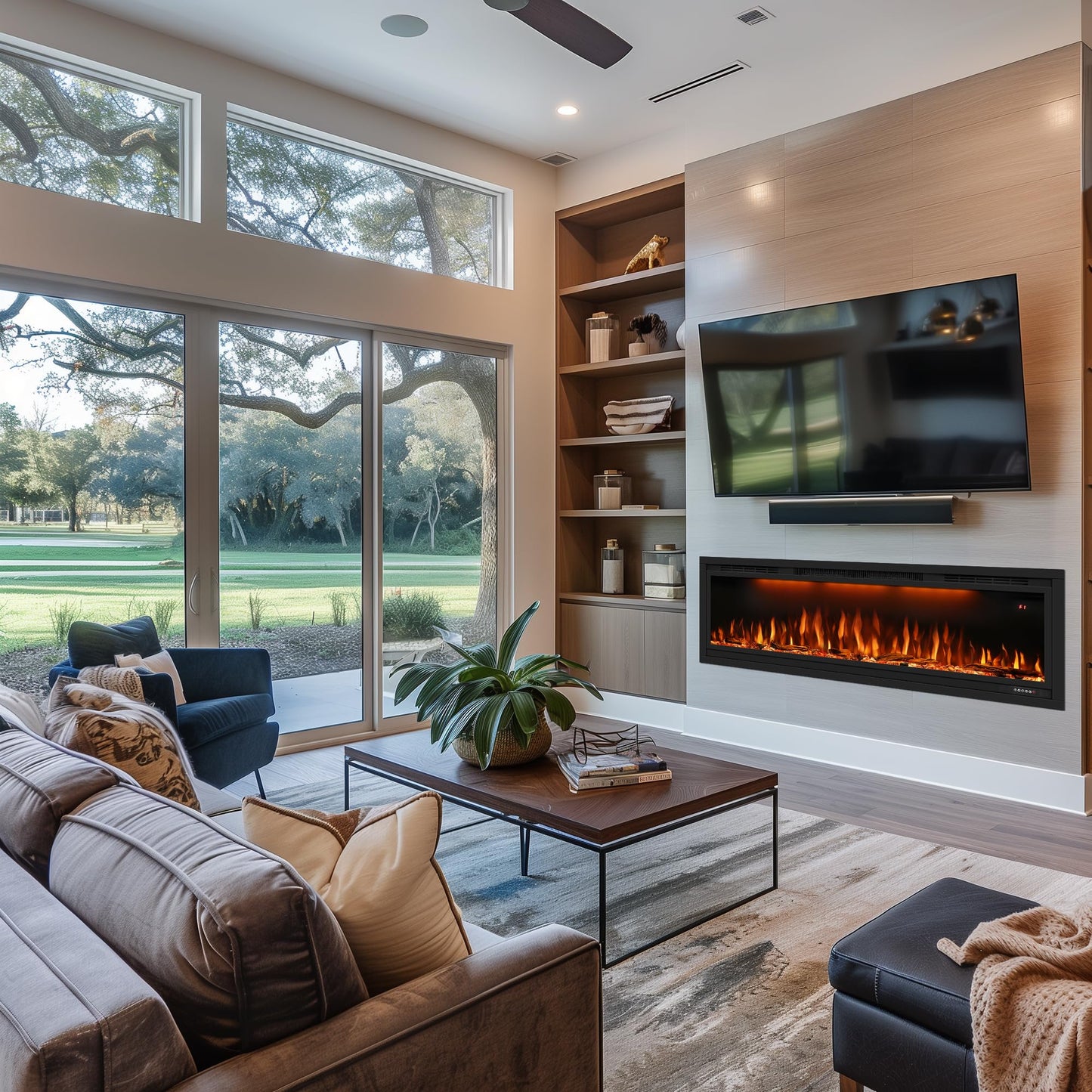 42 inch Smart Electric Fireplace with App Control, Wall Mount & in Wall recessed Fireplace Inserts, Multicolor Flame w/Realistic Log &Crystals, Overheating Protection and Timer, 750W/1500W, Black