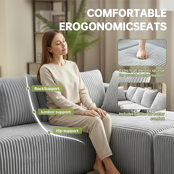 SEENYOO 130" Boneless Couch, Cloud Couch Sectional, Corduroy Sofa for Living Room, U Shaped Modular Sofa with Chaise, No Assembly, 4 Seats Oversized (Grey)
