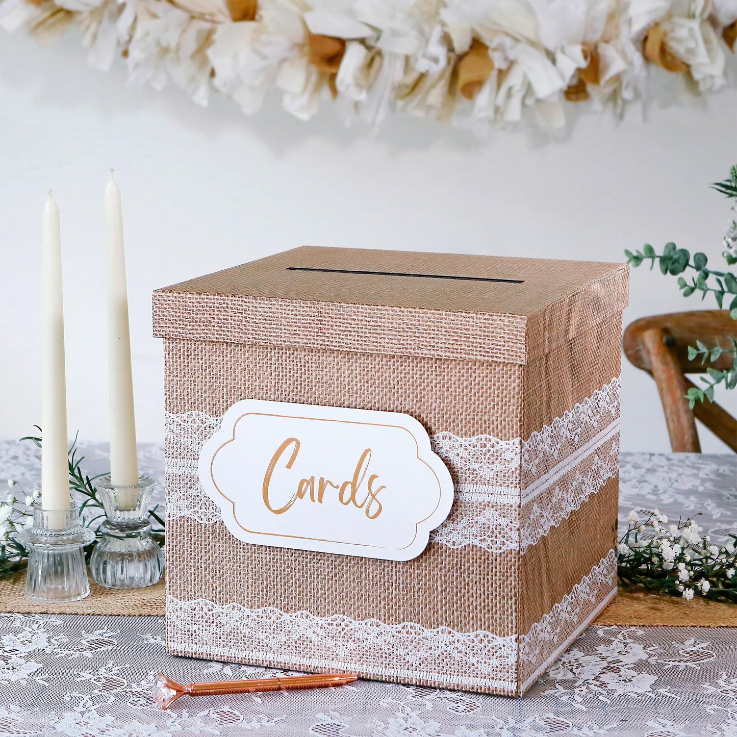 Kate Aspen Rustic Burlap & Lace Gift / Wedding Card Box, Money Box, Farmhouse Wedding Decorations For Reception - Also Perfect for Boho Baby Showers, Birthdays, Graduation