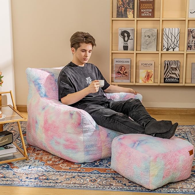 Cvortll Bean Bag Chair, Sherpa Accent Beanbag Chair and Ottoman Set, Fur Faux BeanBag Chair with Memory Foam Filled, Lazy Sofa Comfy Cozy BeanBag Chair for Dorm, Apartment, Living Room (Colorful)