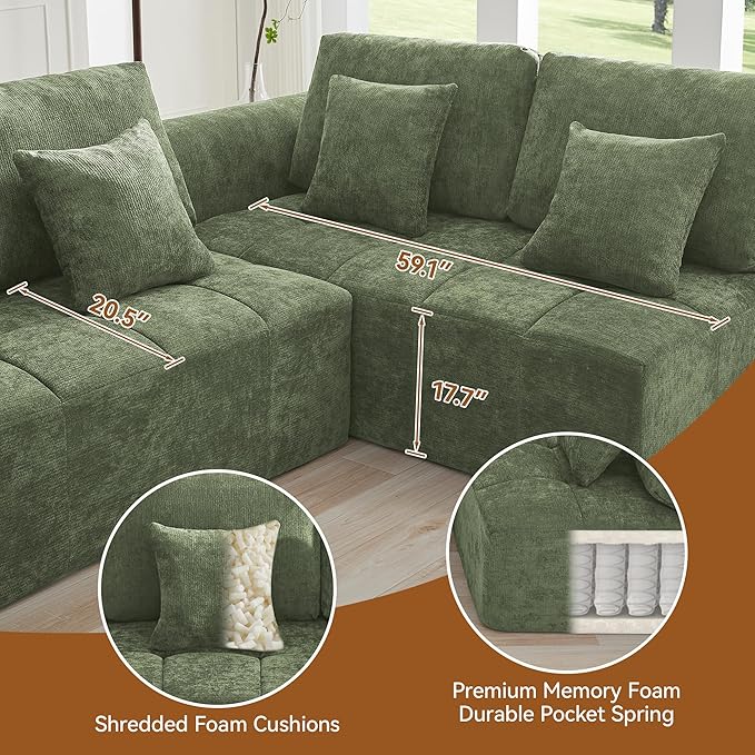 140''Modular Sectional Couches for Living Room, Cloud Boneless Compressed Sectional Sofa, Oversized L Shaped 6 Seater Upholstered Memory Foam Sofa, No Assembly, Chenille Green