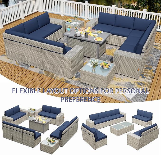 Broivira 13 Piece Patio Furniture Set with 50,000 BTU Rattan Fire Pit Table That Converts to Coffee Table, 9.8" Wide Arm Sectional Sofa with Storage Armrests, Outdoor Rattan Conversation Set, Blue