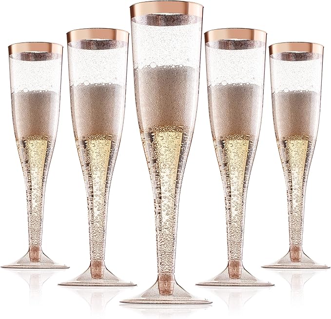 Rose Gold Plastic Champagne Flutes Disposable - Rose Gold Glitter with a Rose Gold Rim - [1 Box of 36 ] 6.5 Oz - Elegant S...