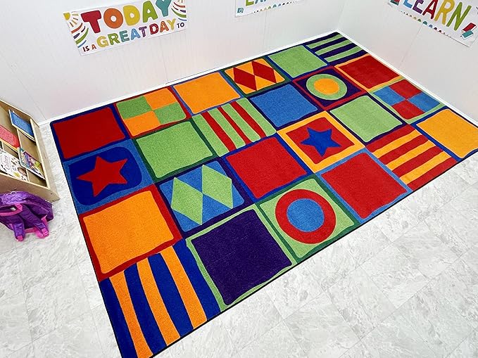 KIDCARPET.COM Patterned Squares Bright Children's Rug, 6' x 8'6", Multicolored, Educational Classroom Rug, Kids Learning Play Mat | Area Rug for Bedroom or Playroom