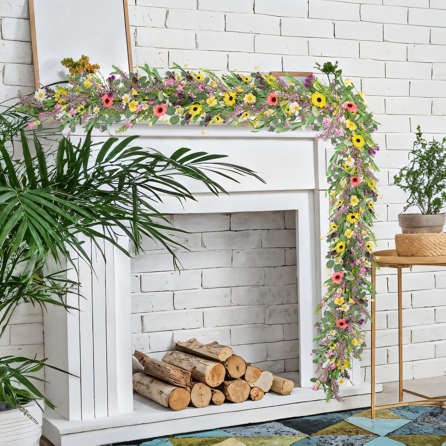 6 ft Artificial Wildflower Garland Wisteria Lavender Garland Daisy and Lavender Faux Floral Vine Summer Spring Floral Fake Wreath All Year Round Home Decor for Indoor Outdoor Home Wedding Arch