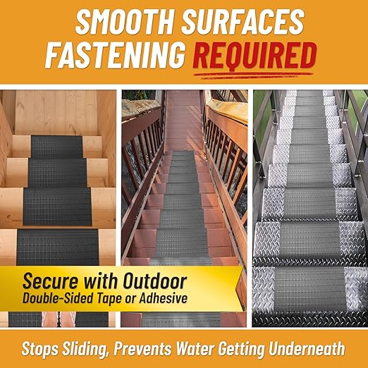 Ottomanson Outdoor Bullnose Stair Treads – Grid Heavy-Duty Non Slip Stair Mats – Strong Grip for Concrete, Brick & Textured Steps – Requires Fastening on Wooden & RV Steps, Pack of 5