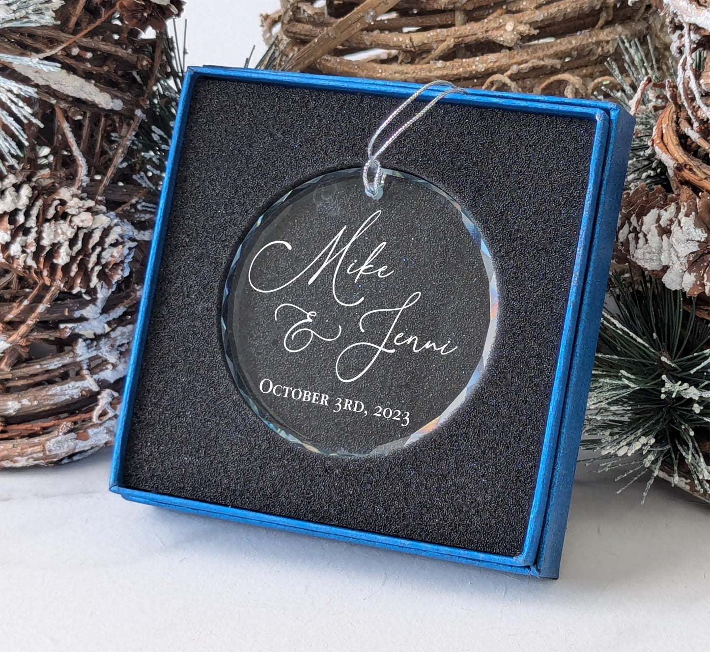 Personalized Glass Crystal Ornament - Custom Name and Date - Includes Blue Gift Box