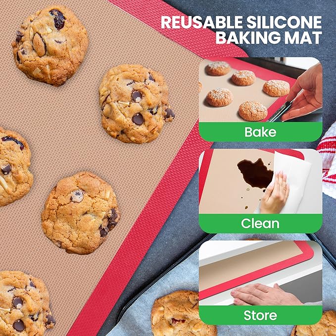 Nutrichef Silicone Baking Mats - 2 Non-stick Food-Grade Silicone Mats - Perfect for Full Baking Pans 24.4 x 16.5 IN - Oven-safe Up to 480 Degrees F - Suitable for Ovens, Freezers, & Dishwashers - Red
