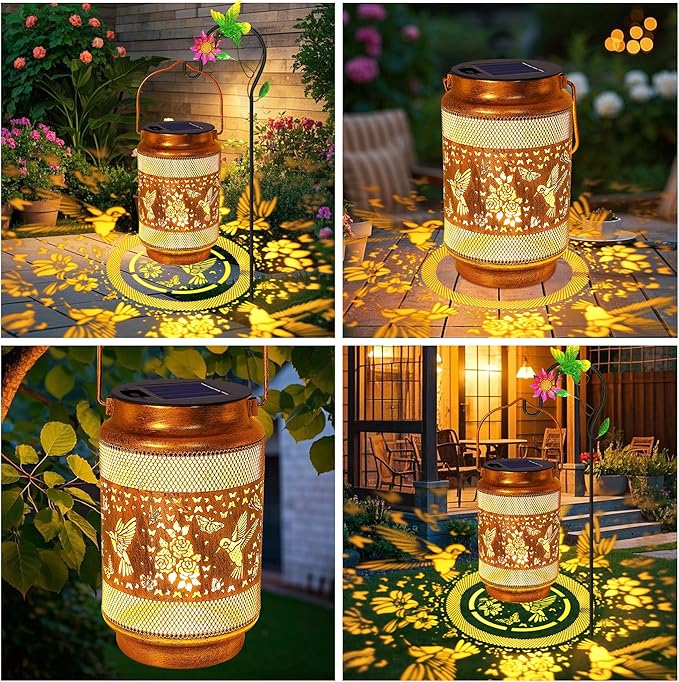 2 Pack Hummingbird Solar Lanterns Outdoor Waterproof Solar Garden Decor, Birthday Gifts for Christmas Women Mom Grandma, Metal Hanging Lights with Shepherd Hook for Yard Patio Pathway Backyard Porch