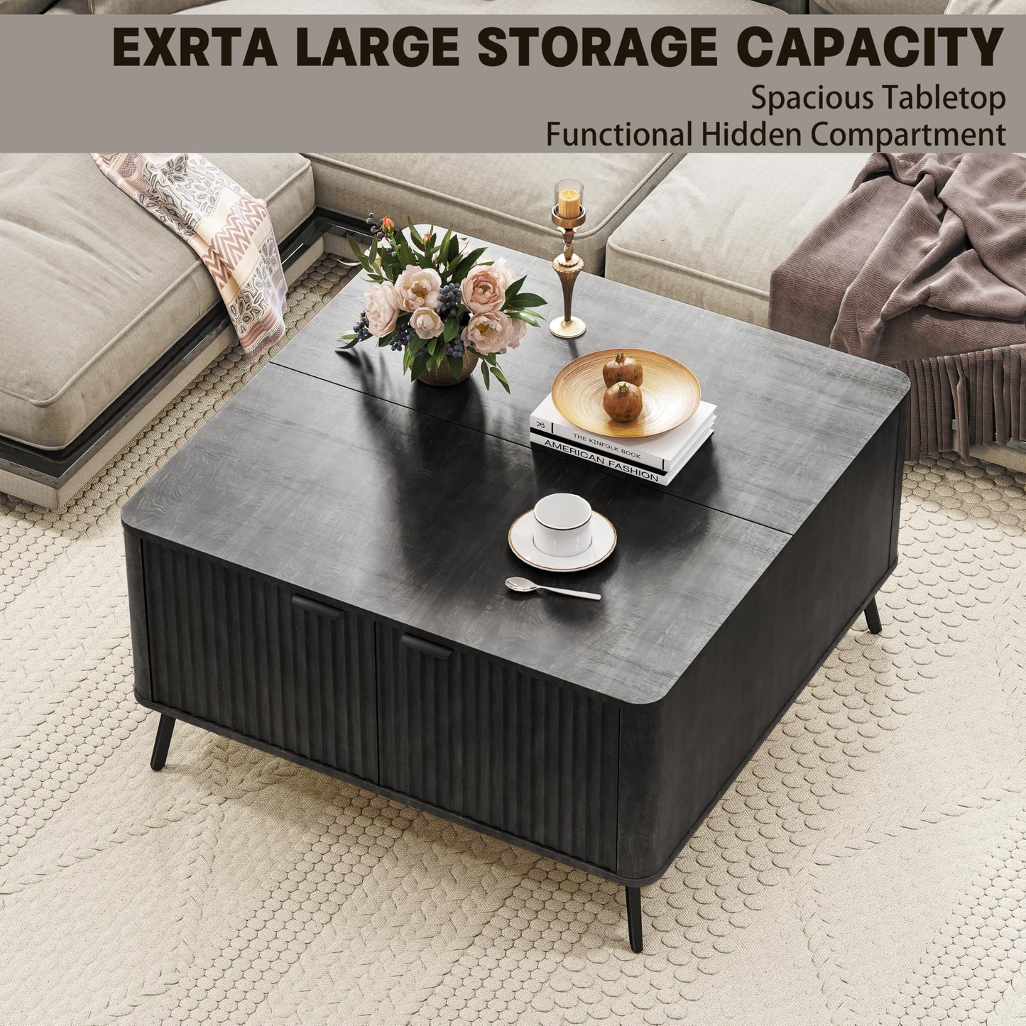 Fatmok Lift Top Coffee Table for Living Room, 35.4" Square Black Coffee Table with Storage Large, Mid Century Modern Rustic Wood Fluted Center Table with Large Hidden Storage Compartment
