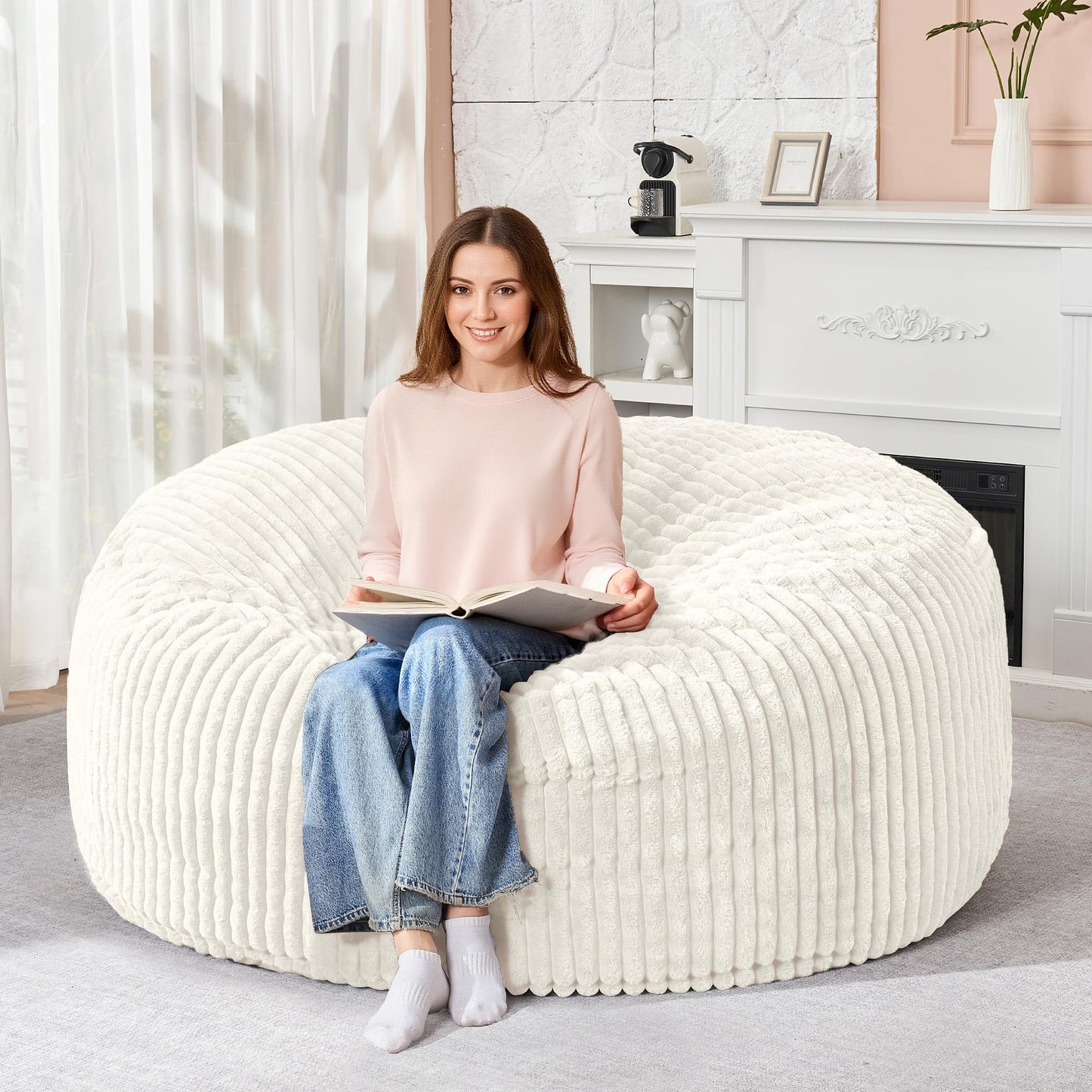 HABUTWAY 5FT Bean Bag Chair, 5' Large Bean Bag Chairs for Adults with Removable Stripe Plush Cover, Memory Foam Beanbag Chair for Living Room Bedroom Dorm (White)