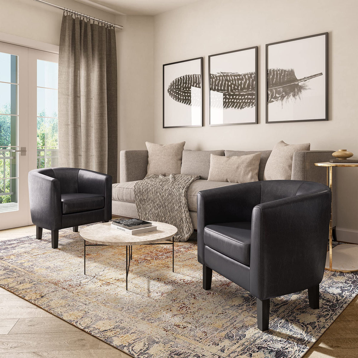 BELLEZE Accent Barrel Chair, Linen Round Chair Club Tub Sofa Corner Chair with Flared Legs and Cozy Soft Padding for Living Room Bedroom Waiting Room - Brown