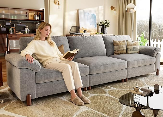 SITJOY 118" Oversized Sectional Couches for Living Room, Extra Large Deep Seat Modular Sofa with Washable Covers, Wide Couch, 3 Seater Couch, Chenille in Light Gray