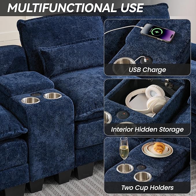 125" U Shaped Cloud Modular Sectional Couch for Living Room, Small Comfy Sherpa Sofa with Double Chaise Lounge, Storage Central Console, Cup Holders, USB Port, Navy