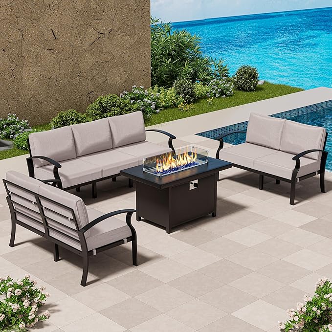 RTDTD Aluminum Outdoor Patio Furniture Set,4 Pieces 7 Seats Patio Conversation Sets with 45" Propane Fire Pit Table,Metal Patio Sectional Furniture Set w/5.1" Cushions for Porch,Deck,Backyard,Sand