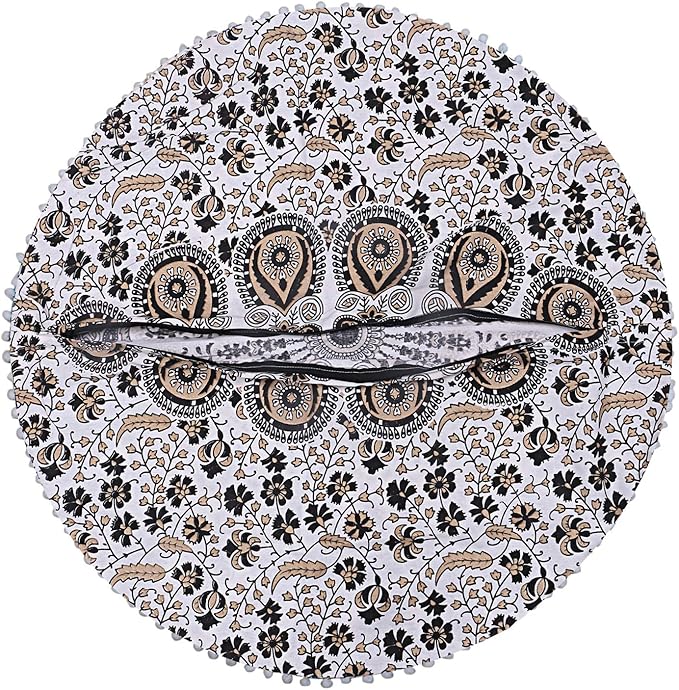 Shubhlaxmifashion Mandala Floor Pillow Cushion Seating Throw Cover Hippie Decorative Bohemian Ottoman Poufs, Pom Pom Pillow Cases,Boho Indian (32 Inches, Gold Black)