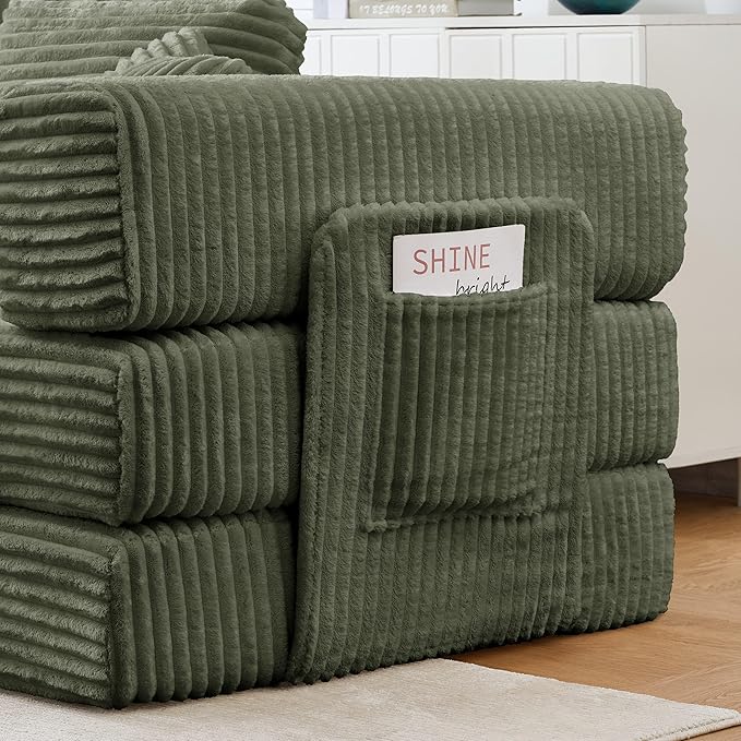79.5" Folding Convertible Sofa Bed with Side Storage Pockets, 4-in-1 Corduroy Boneless Couch, No Assembly Loveseat Sleeper, Floor Sofa Daybed Futon Couch for Living Room Bedroom Lounge, Green Upgraded