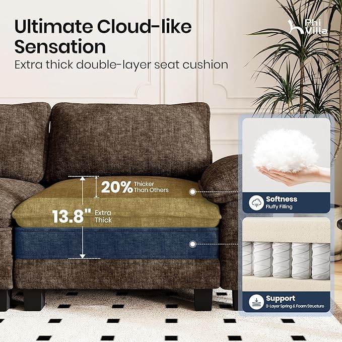 PHI VILLA Cloud Modular Couches Sets, 3 Pieces Large Sectional Sofa Set with Single Sofa, 5-Seater Upholstered Couch for Living Room, Chenille Fabric, Taupe