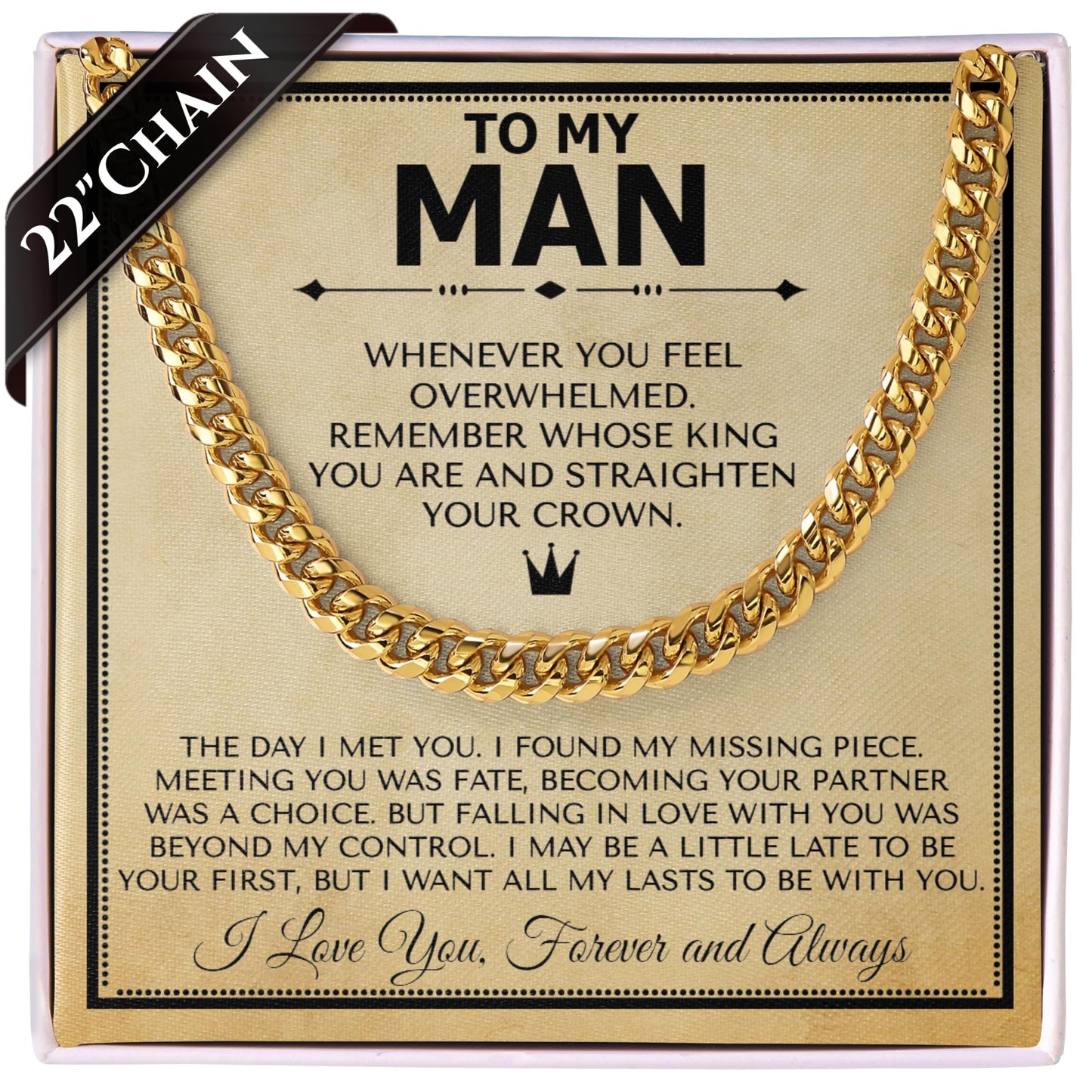 To My Man Steel Cuban Necklace, Meaningful Gift for Him, Romantic Gift for Boyfriend Long Distance, Small Sentimental Present for Boyfriend (Your Crown, 18k Gold Finish)