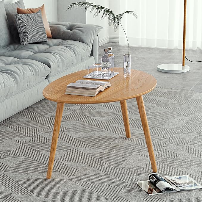 Wayshome Small Oval Coffee Table, Mid Century Modern Coffee Table for Living Room, 100% Solid Oak Wood Side Table End Tables for Home (Original Wood Color, 25.59''x17.51''x19.68'')