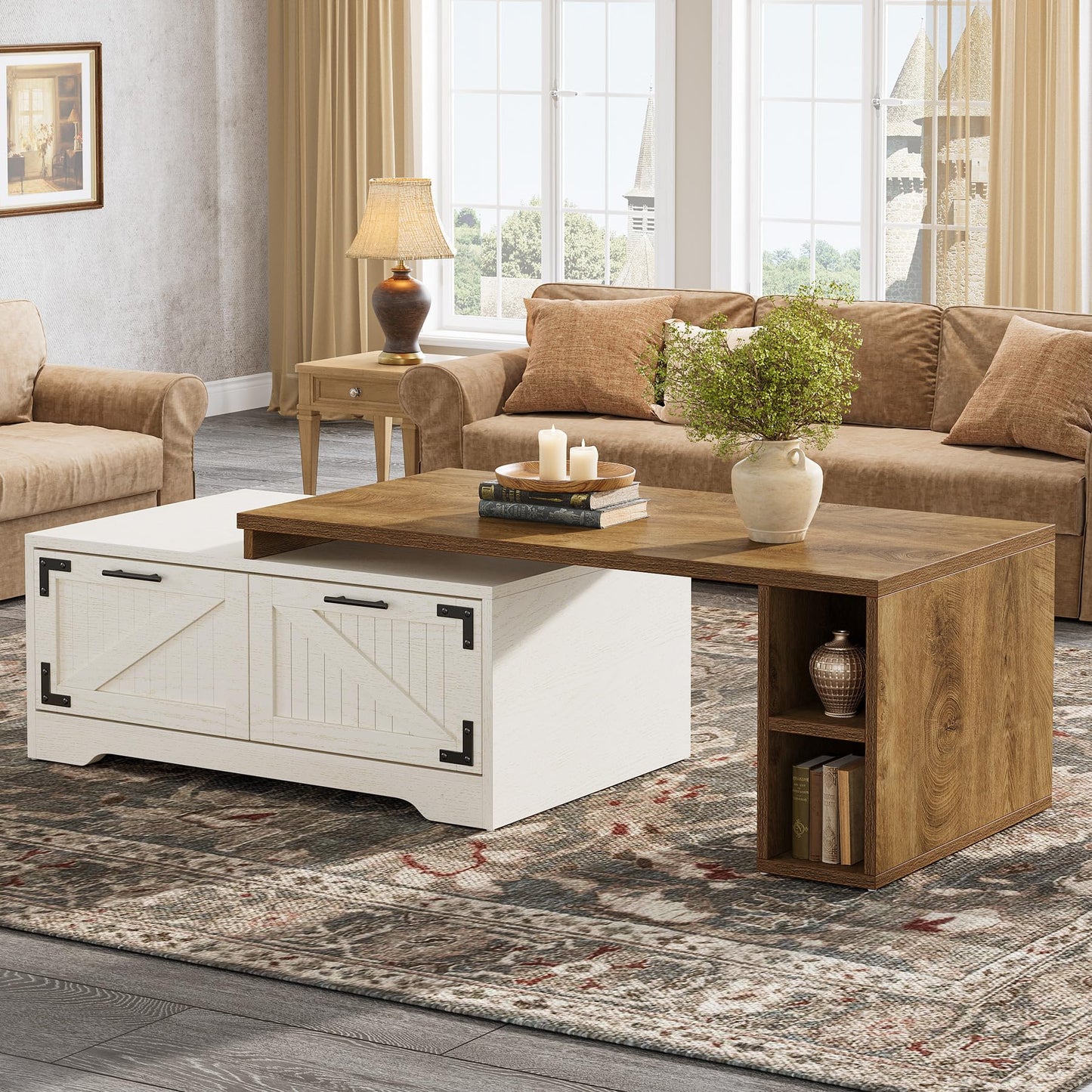 Tribesigns Extendable Large Coffee Center Table for Living Room, 47.24-Inch Farmhouse Rectangle Tea Cocktail Table with 2 Storage Drawers and Open Shelves, White and Rustic Brown