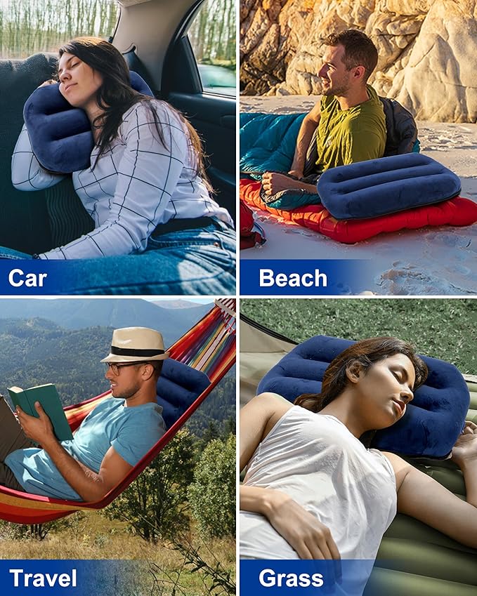 Kampair Ultralight Inflatable Camping Pillow for Sleeping – Soft Velvet Cover, Compact & Portable, Ergonomic Neck Support, Machine Washable Air Pillow, Perfect for Travel, Hiking, Backpacking – Blue