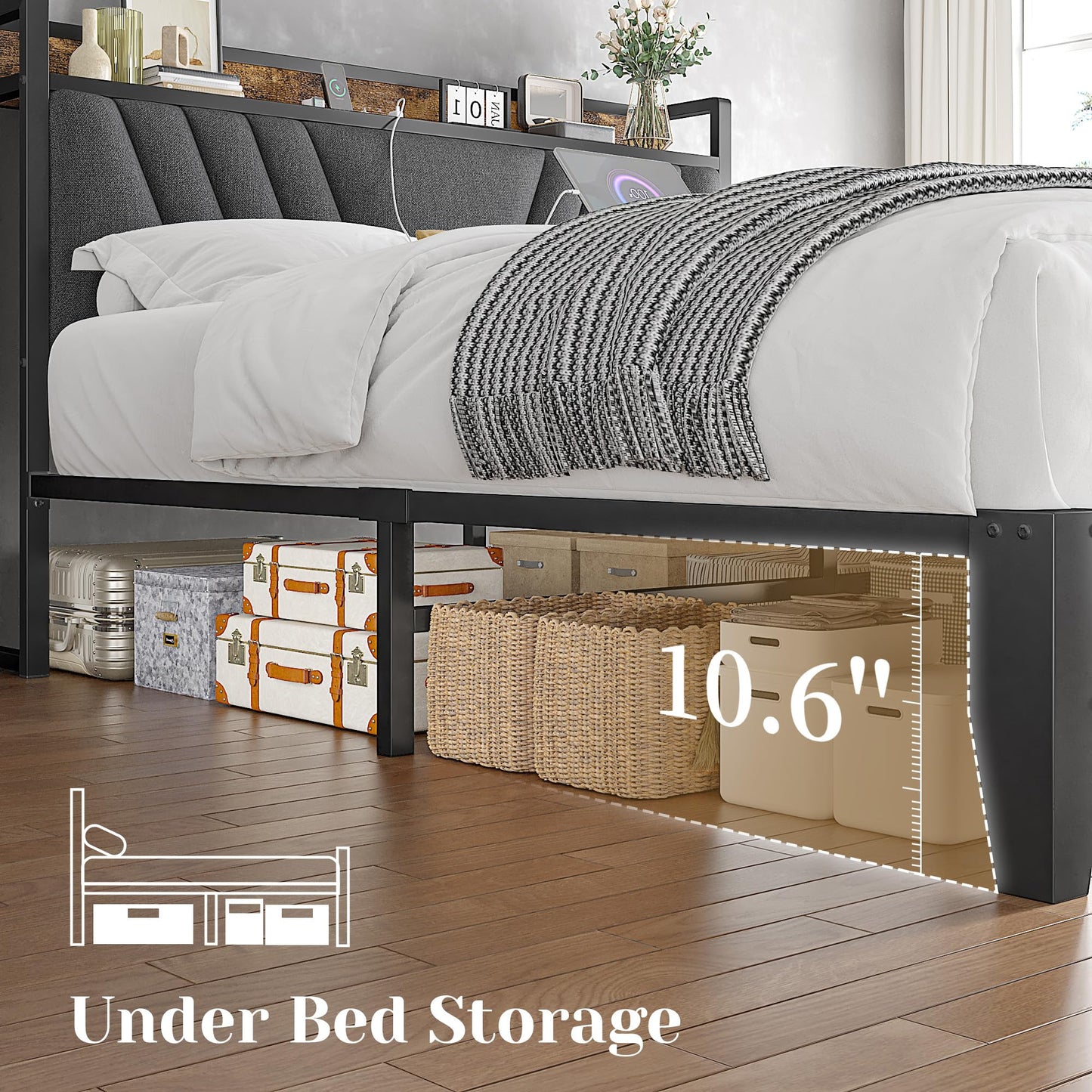 Homkdom Queen Bed Frame with Headboard, Bed Frame Queen Size with Charging Station, Metal Platform with Under Bed Storage, No Box Spring Needed, No Noise, Easy Assembly