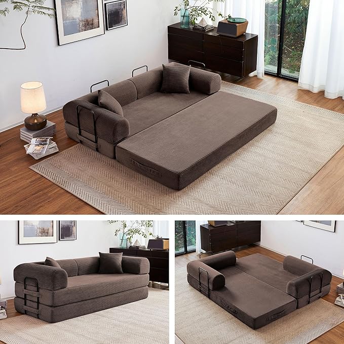 79" 5-in-1 Folding Convertible Sofa Bed, Oversized Corduroy Futon Floor Couch with Pull-Out Sleeper, Modular Boneless Loveseat for Small Spaces, Living Room, Bedroom (Brown)