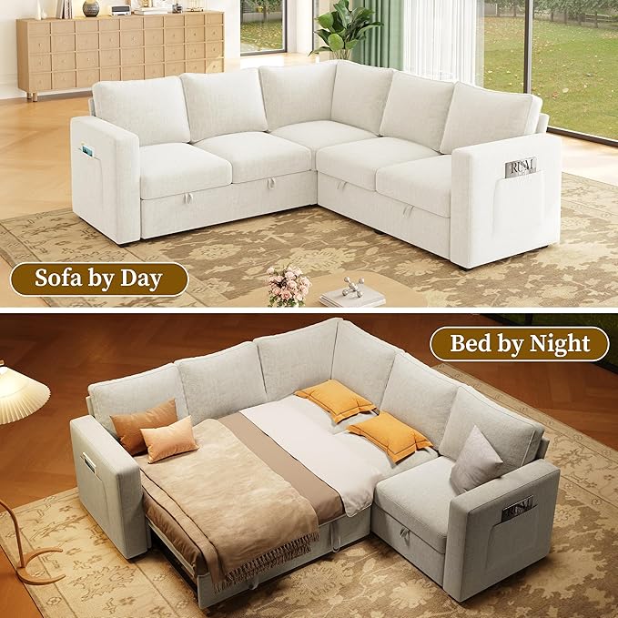 SUAWY 83.5" Sectional Sleeper Sofa with Pull Out Couch, Modern 5 Seat L Shaped Modular Couch, Sectionals Modular Sofa with Storage, Comfy Sectional Couches for Living Room & Apartment, Light Beige