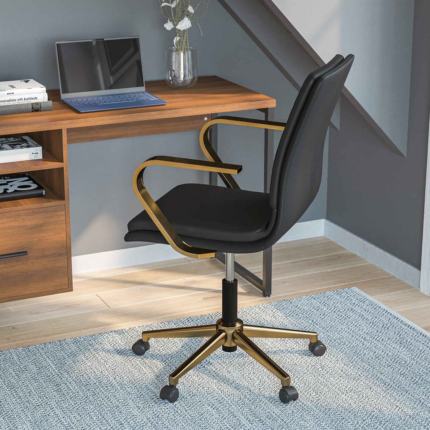 Flash Furniture James Mid-Back Designer Executive Office Chair - Black LeatherSoft Upholstery - Brushed Gold Base and Arms - Height Adjustable 360° Swivel Seat