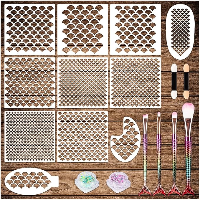 Mermaid Scale Stencil Kit,11Pcs Reusable Mermaid Face Makeup Templates and 4 Pcs Makeup Brushes 2 Bottles Glitter, Women G...