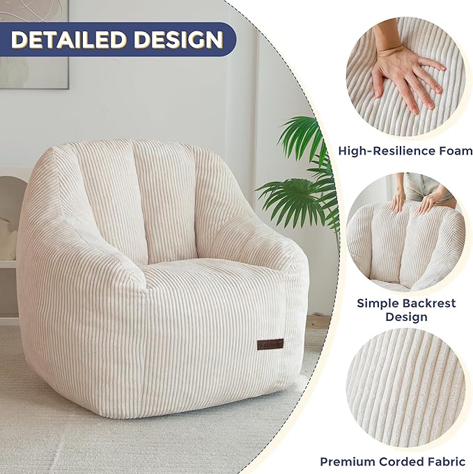 MAXYOYO Bean Bag Chair, Bean Bag Sofa with Filler, Cozy Living Room Chair for Adults and Kids, Stuffed Floor Sofa for Bedroom Dorm Reading, Beige
