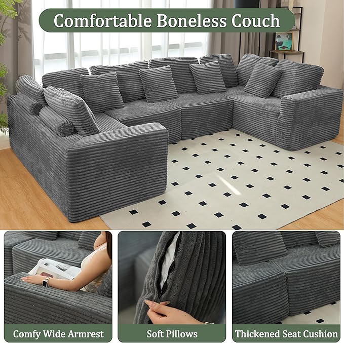 SEENYOO 135.5" Cloud Sectional Couch,Boneless Corduroy Sofa for Living Room,Oversized U Shaped Sofa with Chaise,Deep Seat,No Assembly Required,Modular Sectional Sofa（Grey）