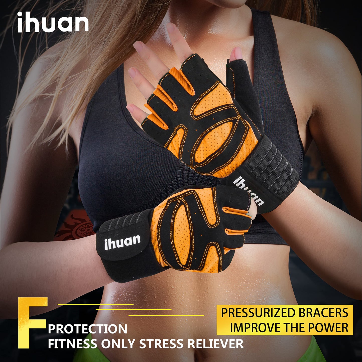 ihuan Ventilated Weight Lifting Gym Workout Gloves with Wrist Wrap Support for Men & Women, Full Palm Protection, for Weightlifting, Training, Fitness, Hanging, Pull ups (Orange, S)