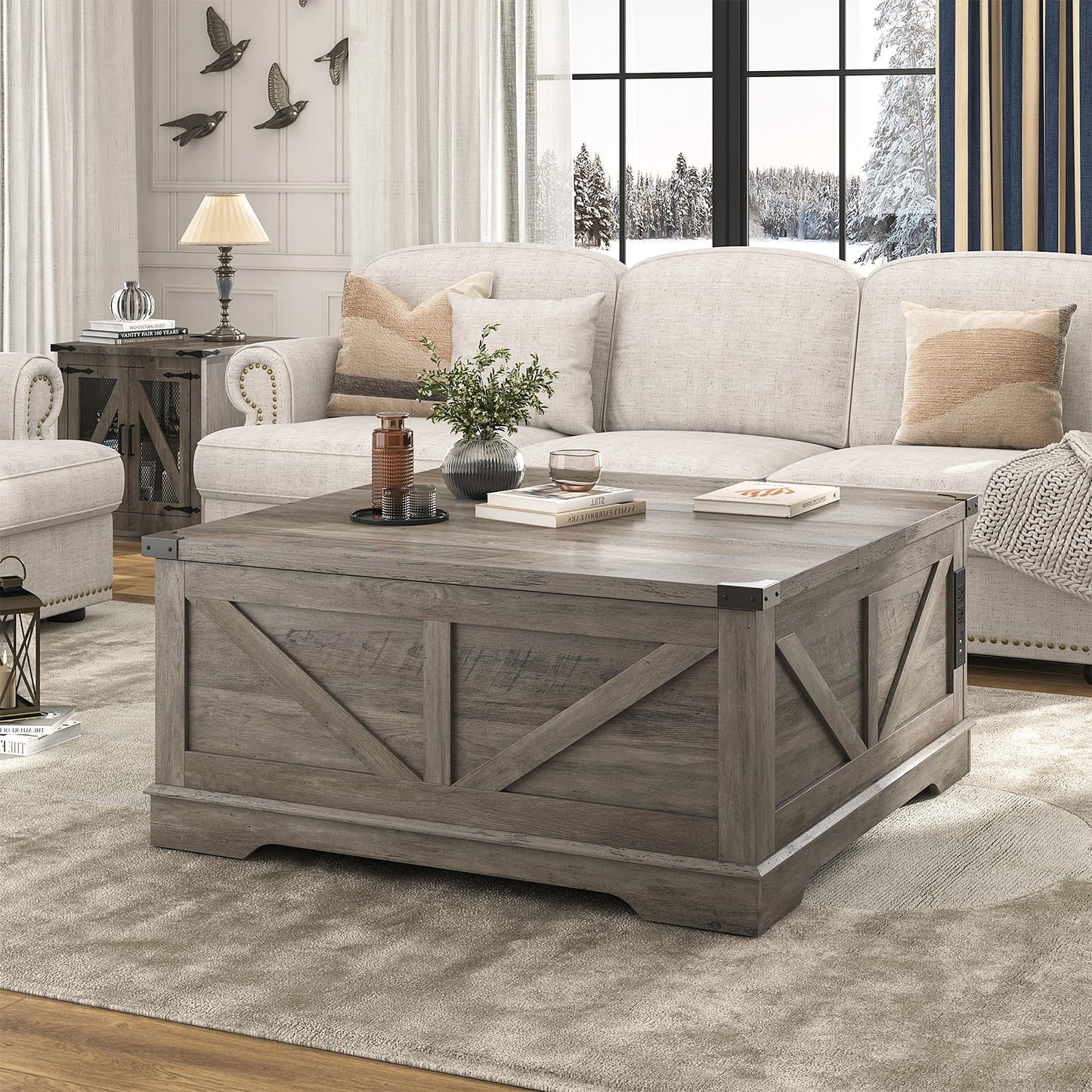Hlivelood 40” Large Farmhouse Lift Top Coffee Table with Power Outlets and Large Hidden Storage, Square Wood Living Room Tables, Multi-Function Lift Wooden Barn Door Center Table, Grey